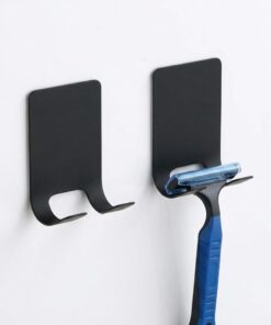 Soporte para maquinilla de afeitar de pared de ducha, negro, 2 piezas, material de metal, diseño compacto, despegar y pegar, apto para superficies planas lisas