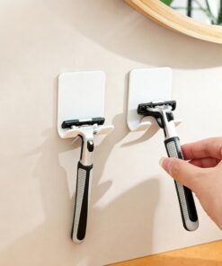 2 soportes de maquinilla de afeitar de acero inoxidable sin taladro, organizador de afeitado adhesivo para montaje en pared con gancho de enchufe, estante de almacenamiento plateado para baño y cocina