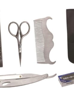 STOBAZA Kit de Afeitado para Barba Portátil en Acero Inoxidable Color Negro Perfilador Profesional y Peine para Hombre Barba