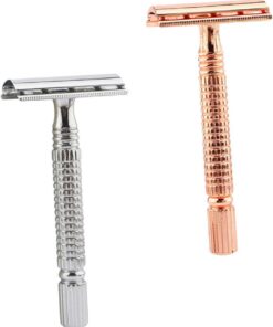 LIFKOME 2 piezas Doble Cuchilla de Afeitar Manual para Hombre Diseño Antideslizante y Peine Divisor Afeitado Preciso de Barba y Corporal Portátil para Casa y Viaje Color Rosa Dorado y