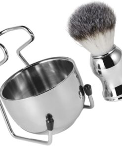 Kit de Brocha de Afeitar para Hombres 1 Set Acero Inoxidable | Cuenco y Soporte Incluidos, Fibra y Acabado Plata, Cepillo de Limpieza para Mantenimiento