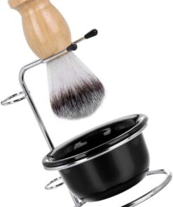 Happyyami Juego de Herramientas de Afeitado para Hombre 1 Unidad Soporte de Cepillo de Barba y Brocha de Afeitar Cuenco Jabonera de Acero Inoxidable y Mango de Madera Amarilla para Cuidado