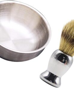 Brocha de Afeitar 2 Piezas de Acero Inoxidable Nylon para Hombres | Cuenco Plata de Gran Capacidad, No Suelta Fibras, Espuma Densa y Ligera