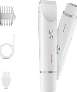 Recortadora de bikini para mujer, maquinilla de afeitar eléctrica 2 en 1 y afeitadora de bikini para mujer, IPX7, impermeable, recortadora de vello corporal y removedor de vello facial, color blanco