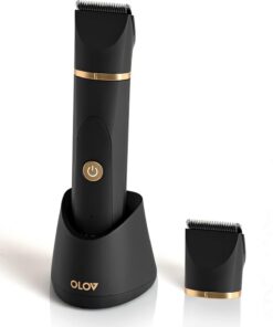 OLOV Recortadora de vello corporal eléctrica para hombres, afeitadora corporal húmeda/seca con 2 cuchillas de cerámica de reemplazo, base de recarga USB y cabezal de nariz, maquinilla de afeitar