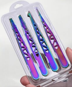 Juego de pinzas para cejas, acero inoxidable, titanio, arcoíris, 4 piezas, diseño de torre Eiffel hueca, para depilación, recorte, color morado
