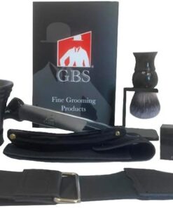 Kit de afeitado Premium Black Edition para hombre con maquinilla de afeitar de mano libre lista para el afeitado de cuerno, funda de piel, corona, pincel, soporte, taza y jabón