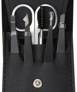 JIHUOO Juego de 6 pinzas para cejas curvadas, tijeras y cepillo para pestañas, depilación facial, herramienta de depilación con funda de piel, color negro