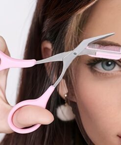 Tijeras recortadoras de cejas, productos de belleza para mujer, tijeras de cejas con peine de acero inoxidable (rosa)