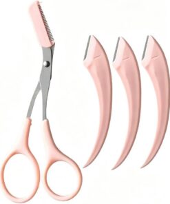 Juego de 3 cuchillas de afeitar y tijeras para cejas para mujer, recortadora de cejas de precisión, color rosa