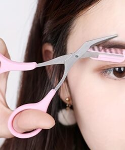 Juego de recortadora de cejas de acero inoxidable curvado, tijeras de cejas con peine, accesorios de depilación para mujeres (rosa)