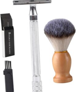Set de Afeitadora Manual Clásica de Doble Filo Plata, Portátil | Aleación de Aluminio y Zinc, Acero Inoxidable con Madera y Fibra, Uso en Casa, 1 Juego