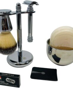 GBS #38 - Cuchilla de afeitar de seguridad resistente con brocha de tejón, soporte para cepillo de cromo y maquinilla de afeitar, funda para cabezal de afeitar + 10 cuchillas de doble filo