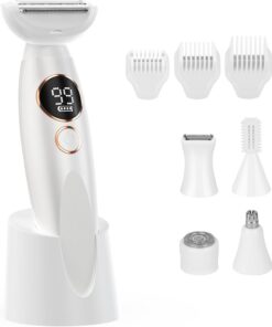 Recortadora de bikini para mujer, maquinilla de afeitar eléctrica 5 en 1, recargable | Pantalla LED recargable, IPX7 resistente al agua. Depilación para cara, piernas, axilas, cejas. Regalo ideal para mujeres.