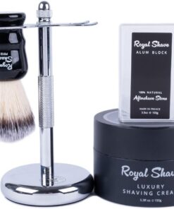 Royal Shave - Juego de 4 accesorios adicionales para maquinilla de afeitar de seguridad, crema de afeitar, soporte cromado, cepillo de afeitar y piedra de aluminio (tabaco dulce)