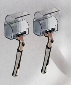 Soporte para maquinilla de afeitar con tapa, organizador de maquinilla de afeitar autoadhesivo de plástico, gancho de montaje en pared para baño (2 piezas transparentes)