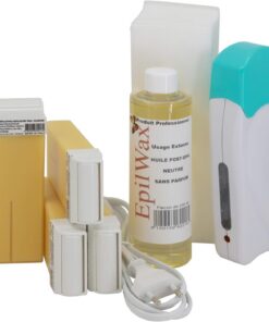 Epilwax Kit Depilación Calentador de Cera Roll On Tibia : con 12 roll-on Cera Vainilla de 100 ml, 100 Bandas Depilatorias y una botella de 250 ml de aceite post- Depilacion (Solo 4 Vainilla)