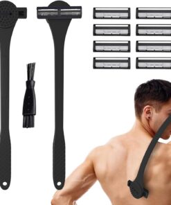 Afeitadora y estropajo de espalda de 18 pulgadas para hombres – Herramienta de aseo 2 en 1 sin dolor con mango largo (46 cm), estropajo integrado, uso húmedo o seco, incluye caja compacta