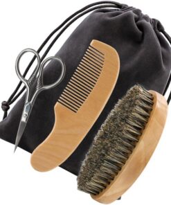 Happyyami Set Cuidado de Vello Facial para Hombres Tijeras, Peine y Cepillo de Madera, Tacto Cómodo y Bolsa de Tela Incluida