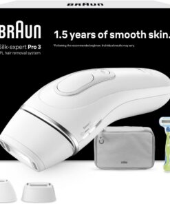 Braun Silk·expert Pro 3 PL3122 - Depiladora con pulsos de luz, depilación semidefinitiva, alternativa al láser, bolsa, maquinilla de afeitar Venus, 2 cabezales, color blanco/plateado