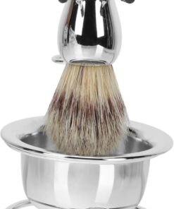Healeved Soporte de Acero Inoxidable Kit de Afeitado Ligero y Fácil de Limpiar Tazón de Burbujas, Cepillo para Barba para Hombres para Viaje | 1 Set, Color Plata, Tazón de Espuma y Soporte Metálico, Estilo Retro para Viaje Largo
