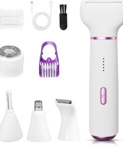 Afeitadora Mujer 5 en 1, Rasuradora Mujer zona Intima, 2 Velocidades Removedor Vello Facial, Recortador Nariz & Cejas, Seco & Húmedo Depiladora para Bikini, Cara, Nariz/Orejas Recargable USB