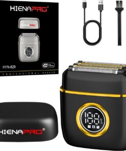 HIENA PRO Afeitadora eléctrica de aluminio para hombre, recargable por USB-C, IPX7 impermeable, tamaño de bolsillo con pantalla LED para viajes y hogar (oro negro)