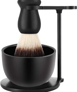 SANWA - Soporte para maquinilla de afeitar de afeitado mate con cuenco de jabón de acero inoxidable y cepillo de nailon sintético de gama alta