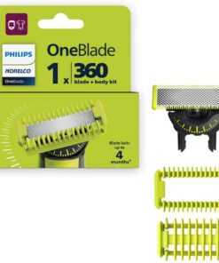 Philips Norelco OneBlade - Hoja 360, hoja de repuesto original, kit de cara/cuerpo, para afeitadora y recortadora eléctrica OneBlade, acero inoxidable duradero, recorte, borde y afeitado, QP614/80 | Hoja OneBlade 360 original para cuerpo, acero inoxidable, 360 Flex, incluye peine corporal y protector de piel, QP614/80