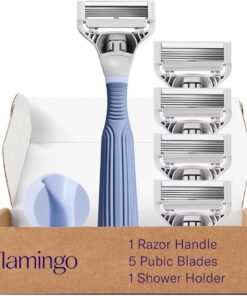 Flamingo Maquinilla de afeitar de vello púbico para mujer, kit de afeitado, 1 mango de afeitar púbico, 4 recambios de cinco cuchillas, 1 soporte de ducha, juego de inicio, kit completo