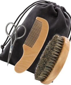 STOBAZA Juego Cuidado de Vello Facial Peine y Cepillo de Madera Tijeras Bolsa de Tela Negra para Almacenamiento Cómodo y Práctico para Hombres