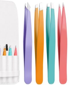 Euqvunn Set 5 Pinzas de Depilar Cejas Profesionales Acero Inoxidable Kit Precisión con Cepillo y Estuche de Viaje Mujer - Colores Candy