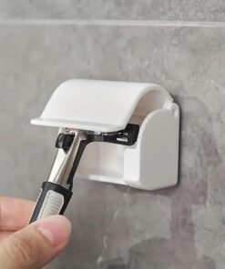 1 soporte de pared para maquinilla de afeitar con cubierta antipolvo, organizador de afeitado adhesivo sin taladrar para baño, color blanco