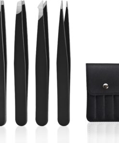 Juego de 4 pinzas de precisión para cejas de acero inoxidable con bolsa de viaje | Pinzas multipunta para moldear cejas y depilación, bolsa de almacenamiento negra portátil para maquillaje de viaje