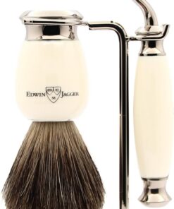 Edwin Jagger S81M587AMZ Set de Afeitado Clásico Imitación Marfil y Níquel con Brocha de Afeitar de Tejón Puro y Maquinilla Mach 3 para Crema o Jabón de Afeitar para Hombre