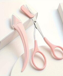 Kit de aseo de cejas de 2 piezas, maquinilla de afeitar y tijeras con peine, herramienta de modelado de precisión para mujeres, color rosa