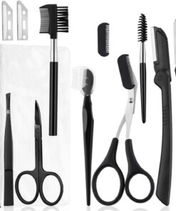 Juego de maquinilla de afeitar para cejas de 11 piezas con maquinillas de afeitar, tijeras para cejas, pinzas, peine, cepillo y estuche de viaje, color negro