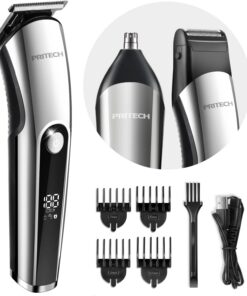 PRITECH Cortapelos para hombres, recortadora de nariz, microafeitadoras 3 en 1, kit de cuidado para hombre, recortadora de pelo eléctrica inalámbrica recargable con pantalla LED y cabezal de corte en