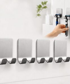 4 soportes plateados para maquinilla de afeitar de baño, estante de almacenamiento de maquinilla de afeitar de acero inoxidable sin perforar, organizador de alambre de enchufe, juego de ganchos para