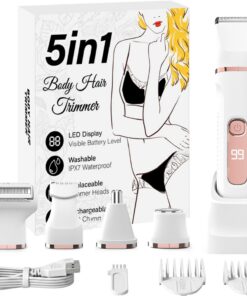 Recortadora de bikini 5 en 1 para mujer, afeitadora eléctrica para mujer, recortadora de pelo corporal, maquinilla de afeitar inalámbrica corporal y facial, afeitadora, IPX7 impermeable, con 5