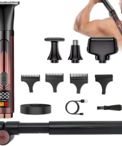 Afeitadora eléctrica de espalda para hombres 4 en 1, kit de aseo corporal con mango de extensión ajustable, pantalla LED impermeable, afeitadoras corporales plegables para hombres