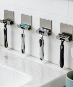 4 soportes adhesivos para maquinilla de afeitar para ducha, gancho de maquinilla de afeitar de acero inoxidable impermeable, colgador de pared sin taladro, ganchos organizadores de baño multiusos