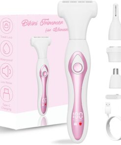 Recortadora de bikini para mujer, afeitadora eléctrica 4 en 1, depiladora facial, afeitado indoloro para cara, nariz, piernas y axilas, impermeable en húmedo y seco, pantalla de batería LED