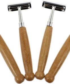 STOBAZA Afeitadoras Masculinas Manuales Mango de Bambú, 4 Unidades Portátiles de Acero Inoxidable para Afeitado Apurado y, Herramientas Clásicas para Cuidado de Barba en Viajes