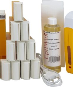 EpilWax - Kit de depilación Solo completo con: 1 calentador de cera profesional - 12 x 100 ml Pro Honey Wax Roll-On, 100 bandas de depilación, 250 ml de aceite para después de la depilación
