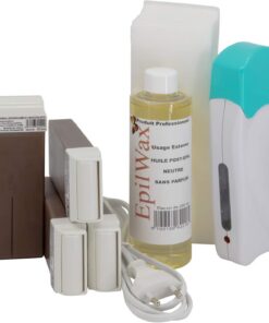 Epilwax Completa Kit Depilazione con Cera de chocolate - Incluye 4 Cartuchos de Cera Roll On Recambiables, Calentador De Cera Roll On, 100 Tiras y Aceite de Depilación