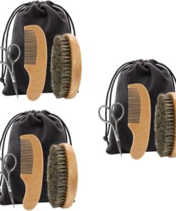 3 Juegos equipo para el cuidado de la barba peine madera peine de madera beard brush afeitadoras para hombre cepillo de barba de cerdas accesorios para el cuidado de la barba Black Healeved