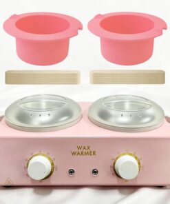 Calentador de cera para depilación, olla de cera doble | Calentador de cera profesional con cuencos de silicona y 20 palos de madera, temperatura ajustable, color rosa