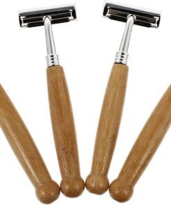 SHINEOFI Afeitadoras Masculinas Manuales Mango de Bambú y Acero Inoxidable, 4 Piezas, Fáciles de Limpiar y Seguras para Vello Facial, Ideales para Viajes