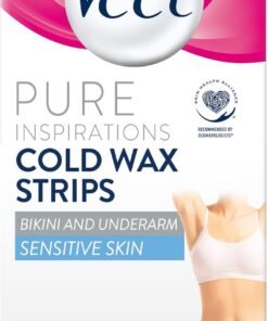 Veet Tiras de cera fría pura para bikini y axilas, piel sensible, 30 unidades + 3 toallitas, depilación de raíz, suavidad de 28 días, fórmula hipoalergénica, el embalaje varía | Fórmula hipoalergénica, hasta 28 días de suavidad, Gnetle en la piel, ingredientes mínimos, elimina el pelo corto de la raíz